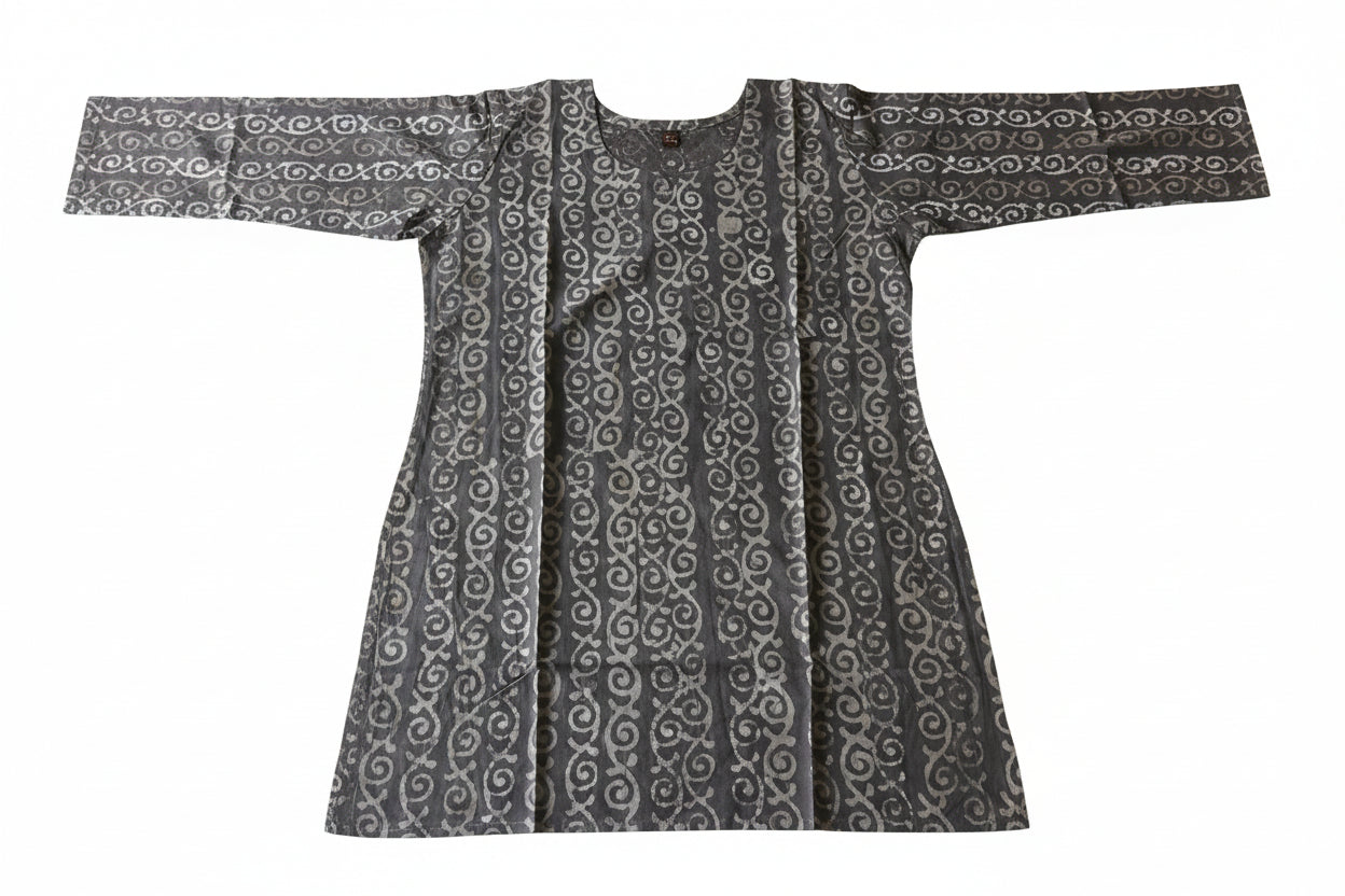 A dark gray long-sleeved tunic with a white traditional pattern.