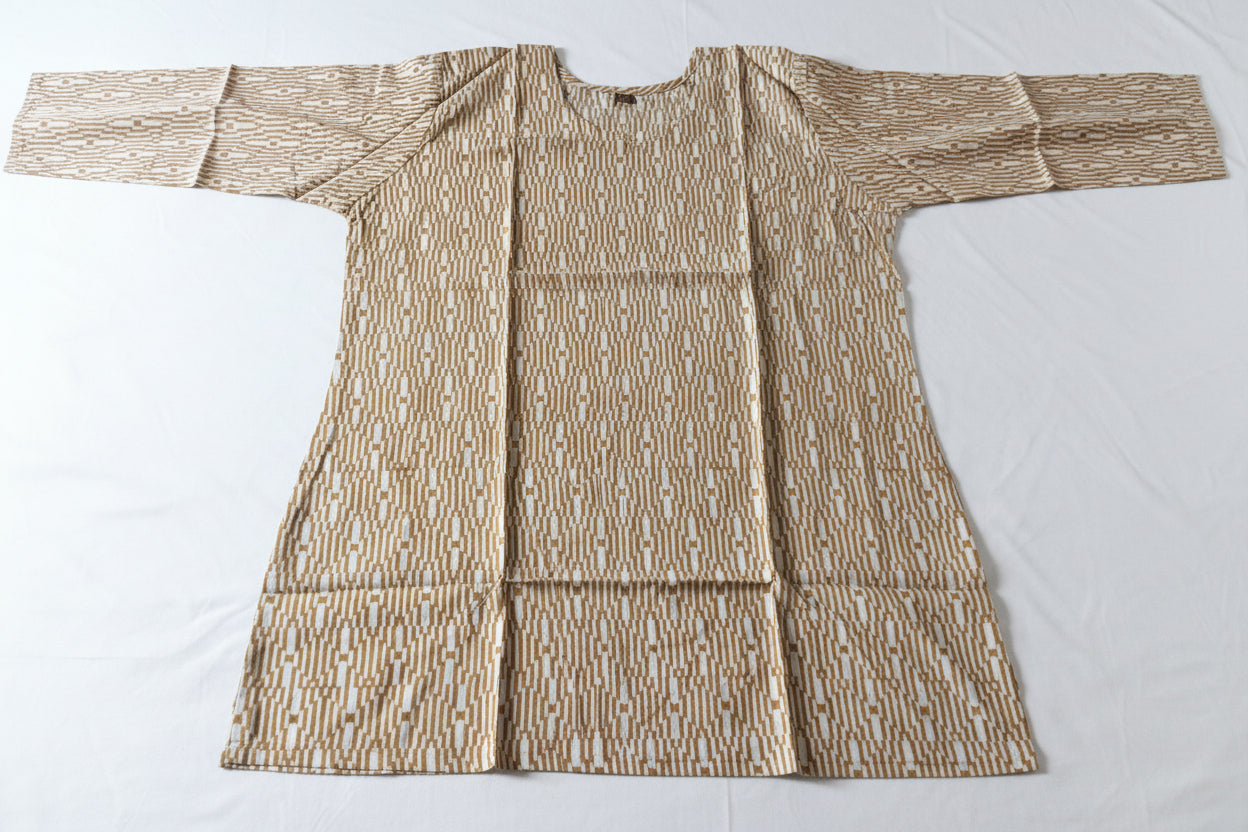 A long-sleeved tunic or kurta with a beige and brown geometric ikat pattern.