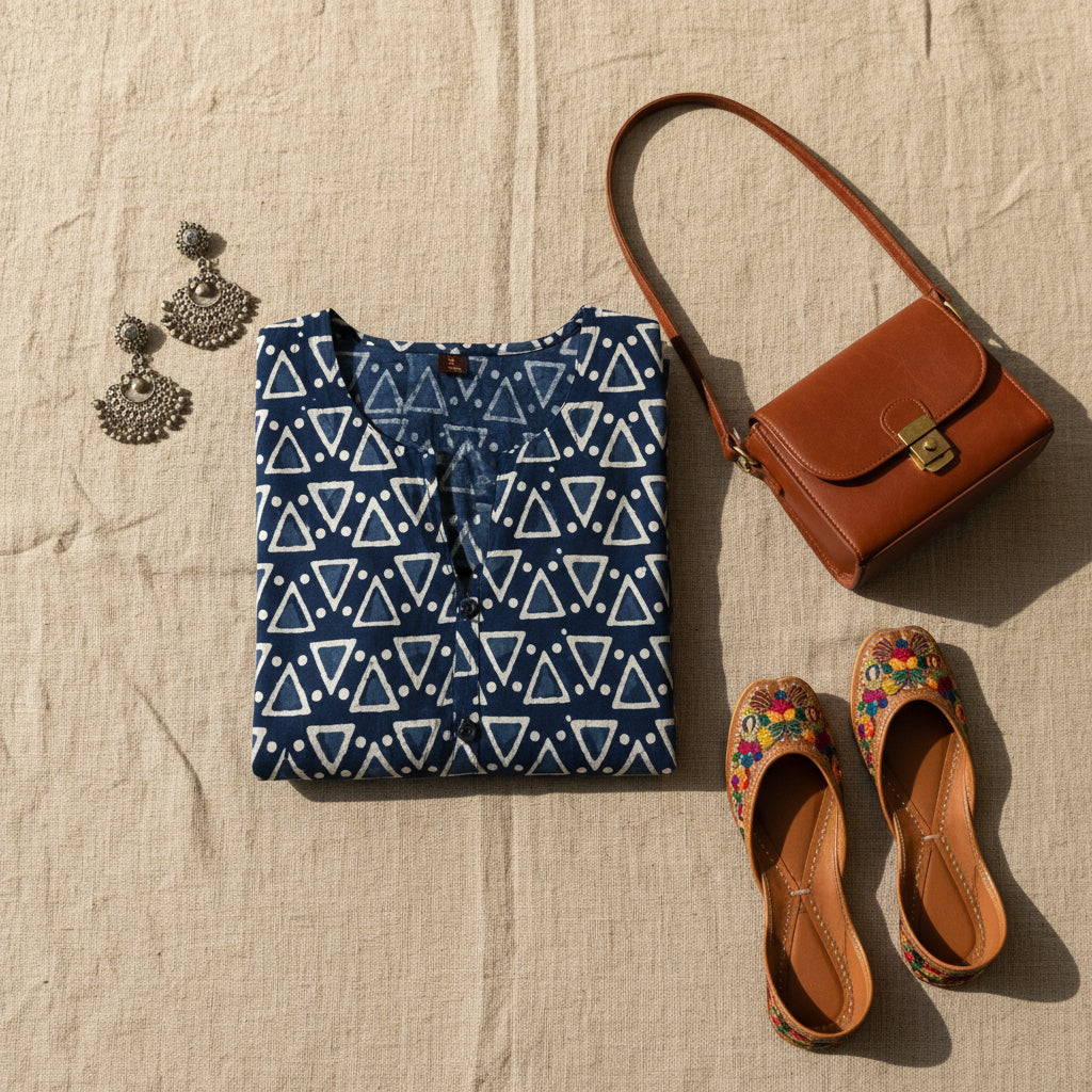 A long-sleeve tunic dress with a navy blue and white geometric triangle pattern