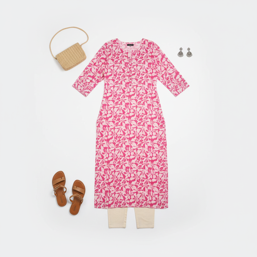 Pink White cotton kurti