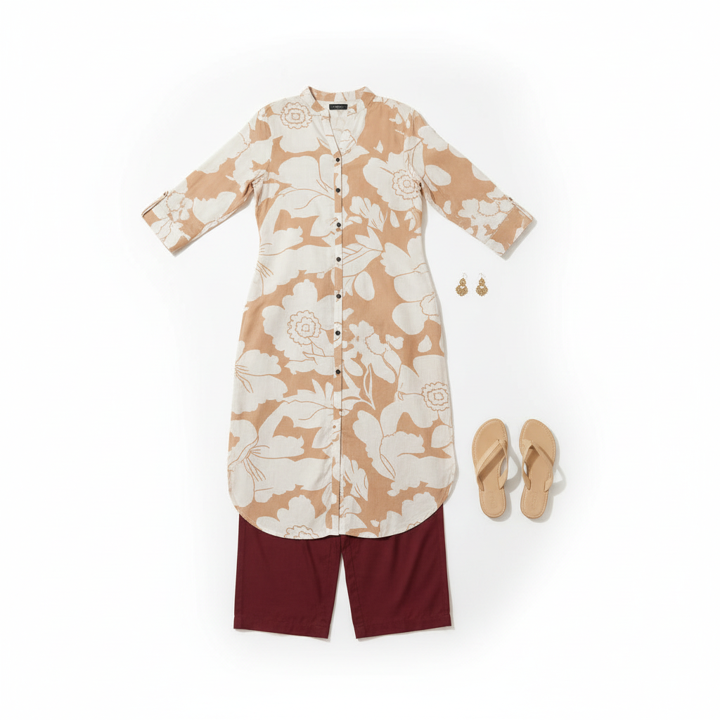 Beige White floral Kurti