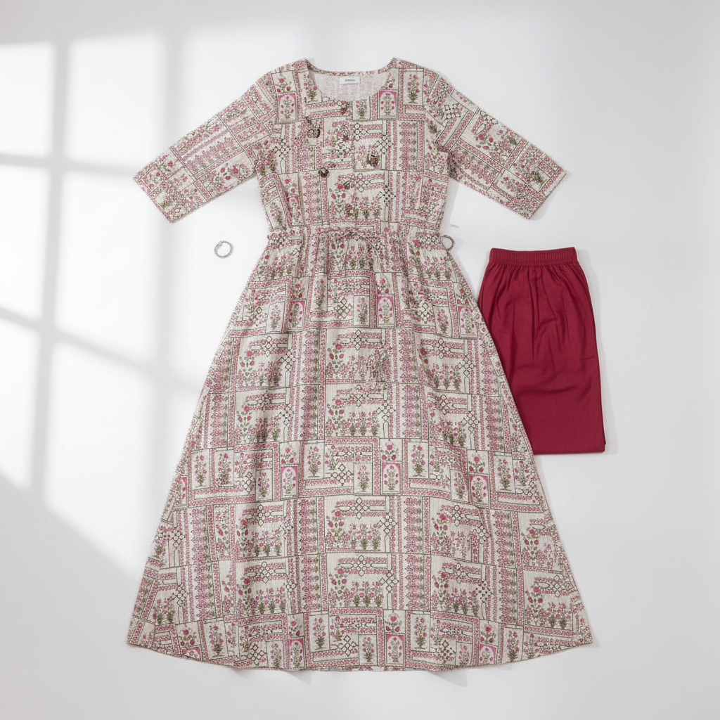 White Kurti Pink & Green Patterns