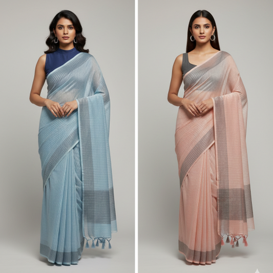 Linen Saree - Silver line