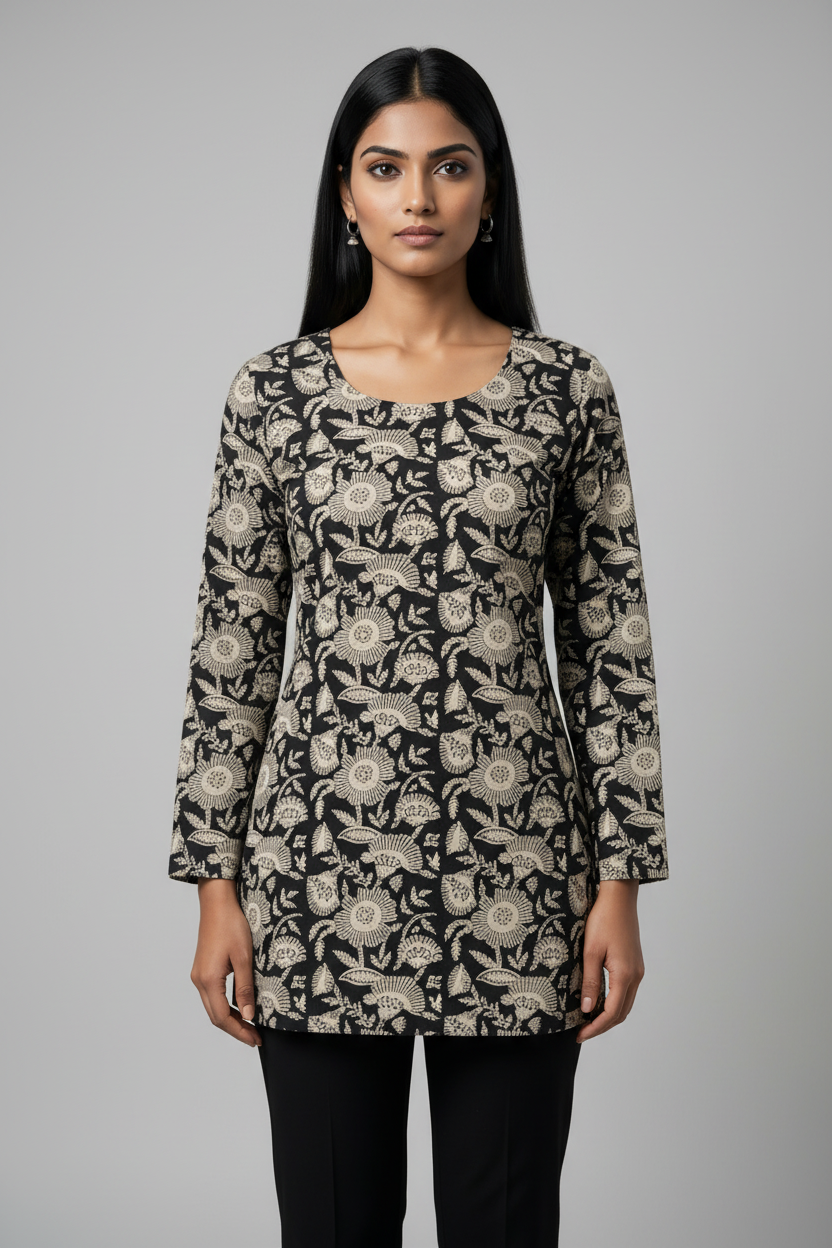 A woman stands in a modern office setting wearing a long-sleeve tunic top with a black, beige, and white floral pattern, paired with black pants.