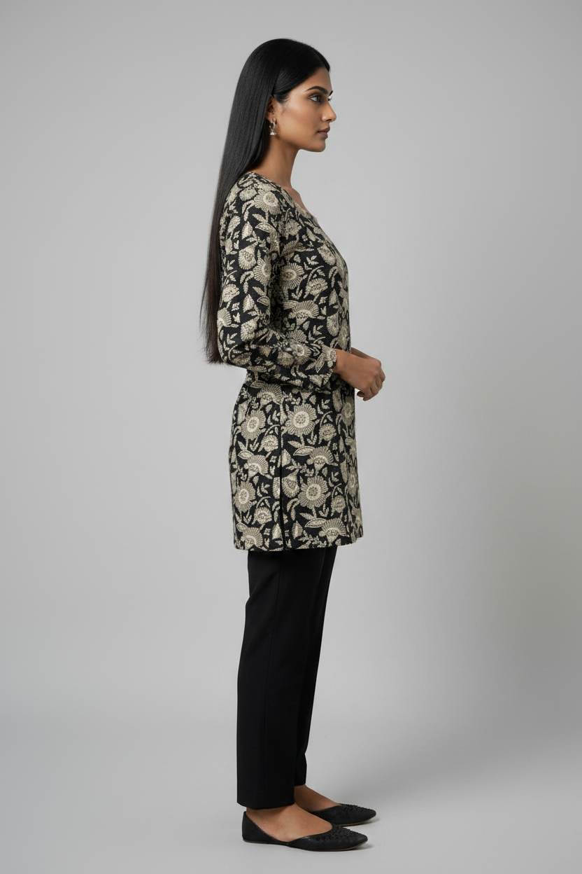 Black floral print cotton Short Kurti
