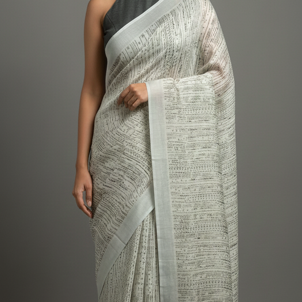Woman wearing a light gray saree with a subtle pattern on a gray background