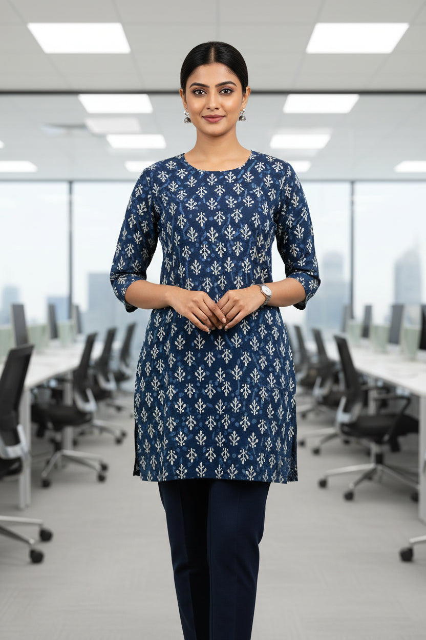 A navy blue long-sleeve tunic with a white block print pattern, laid flat on a bright green fabric background.