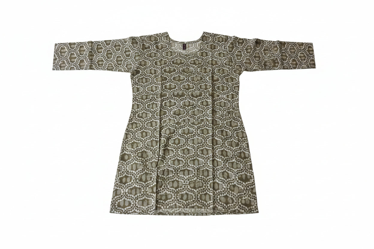 A long-sleeved tunic or kurta with a brown and beige geometric batik pattern