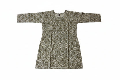 A long-sleeved tunic or kurta with a brown and beige geometric batik pattern