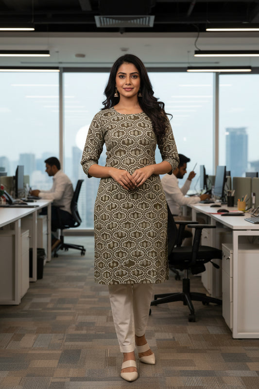 A long-sleeved kurta with a brown and beige geometric batik pattern