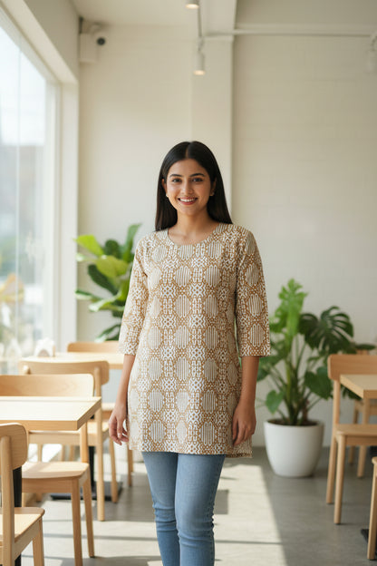 A long-sleeved batik tunic top with a brown and beige geometric pattern
