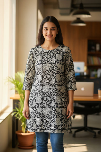 A long-sleeved tunic or dress with a black and beige paisley pattern.