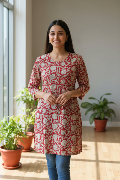 A long-sleeved tunic with a red and white floral block-print pattern