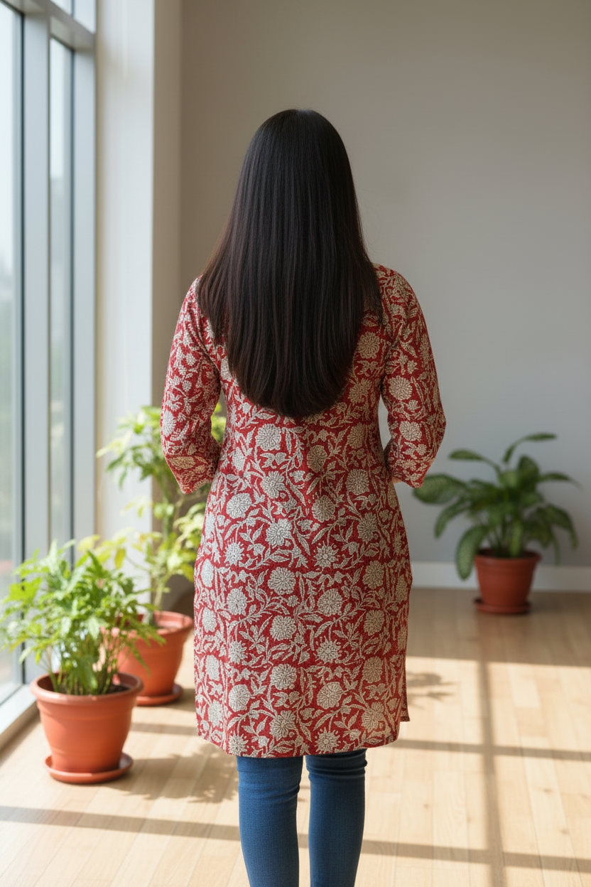 A woman viewed from behind wearing a red and beige patterned tunic dress with blue jeans, standing in a bright room with potted plants and a window.