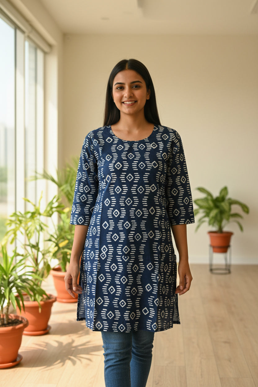 A navy blue and white patterned tunic or kurta with three-quarter sleeves.