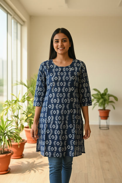 A navy blue and white patterned tunic or kurta with three-quarter sleeves.