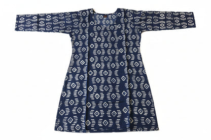A navy blue long-sleeve tunic with a white geometric block print pattern.
