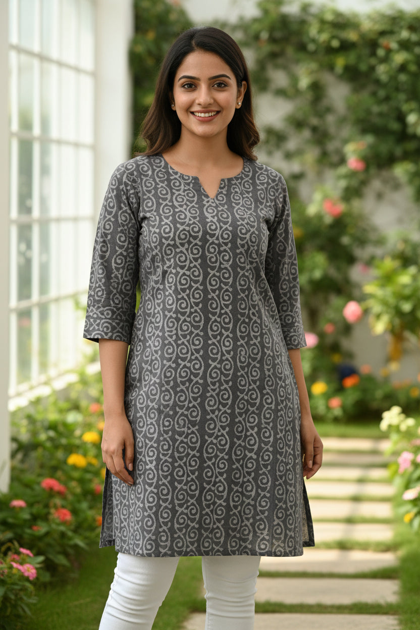 A long-sleeved tunic or kurta with a dark gray and white paisley pattern.
