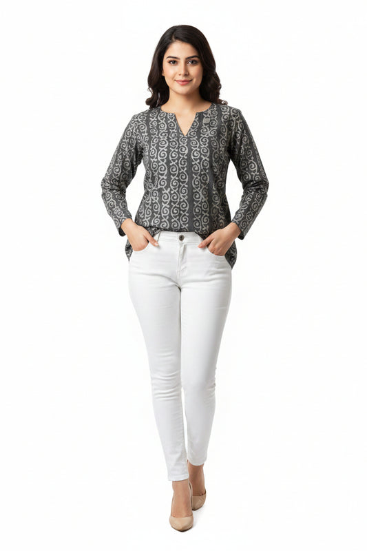 A dark gray long-sleeved tunic with a white traditional pattern.