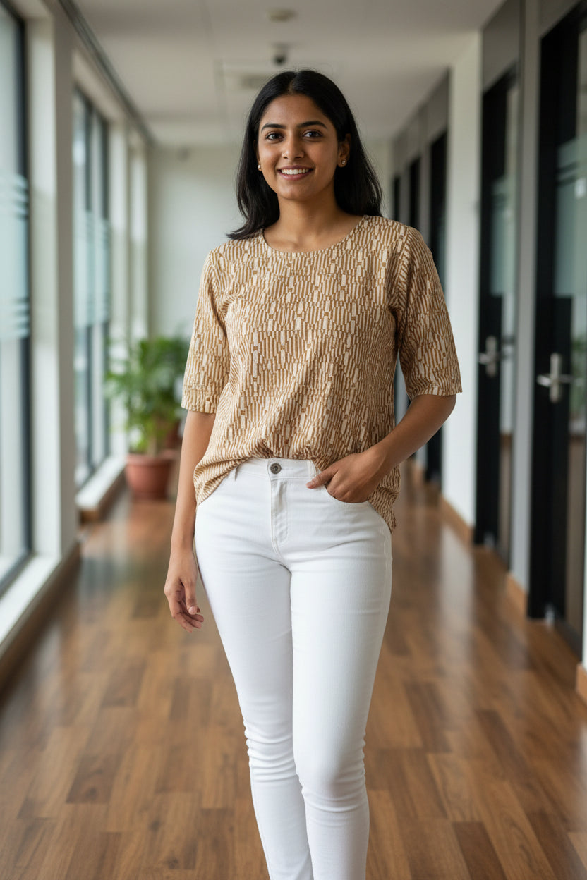 A long-sleeved tunic or kurta featuring a tan and white ikat pattern.
