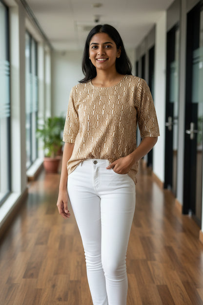 A long-sleeved tunic or kurta featuring a tan and white ikat pattern.