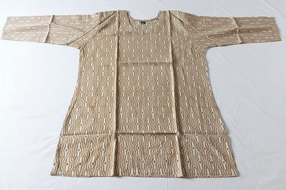 A long-sleeved tunic or kurta with a beige and brown geometric ikat pattern.