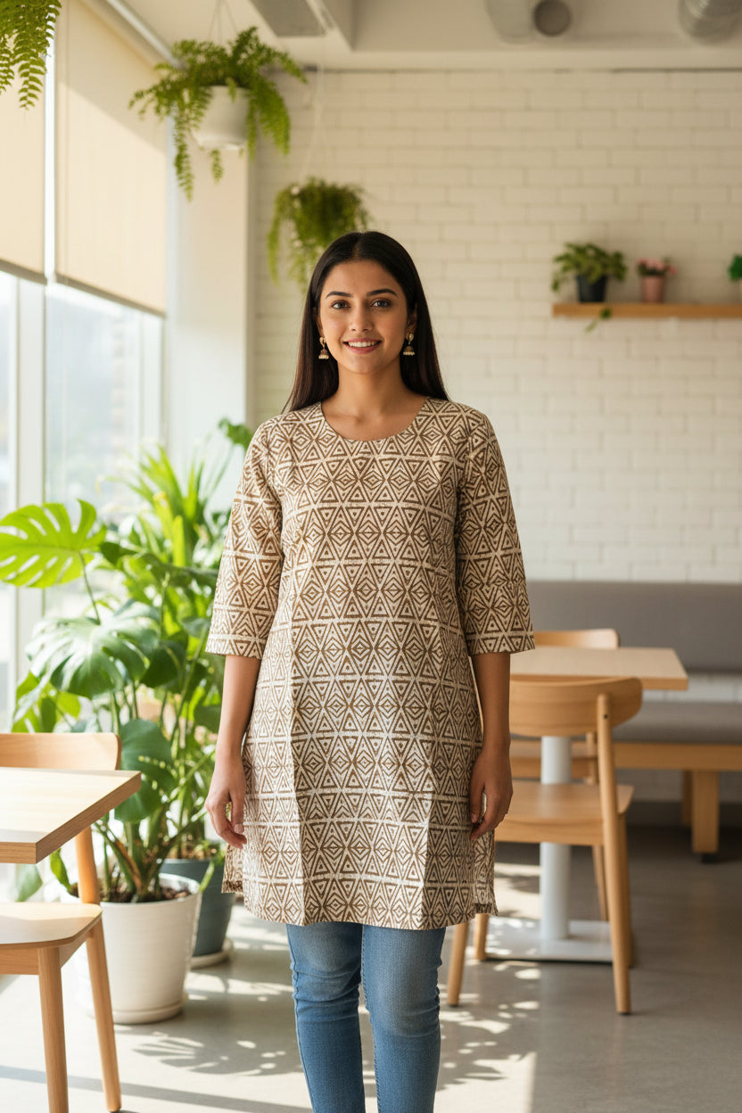 A long-sleeved tunic or kurta with a brown and beige geometric pattern.