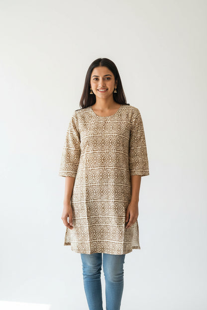 A long-sleeved tunic or kurta with a brown and beige geometric pattern.