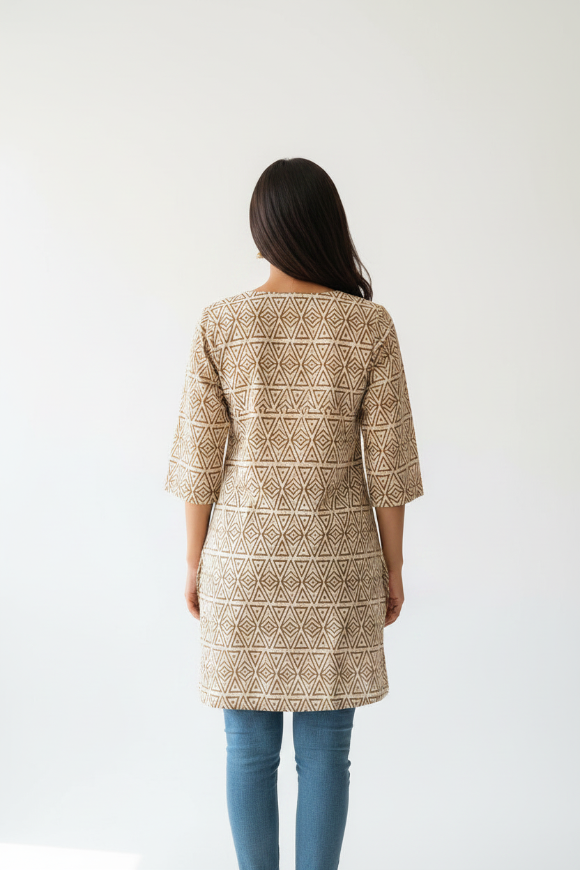 Beige Print Cotton Short Kurti