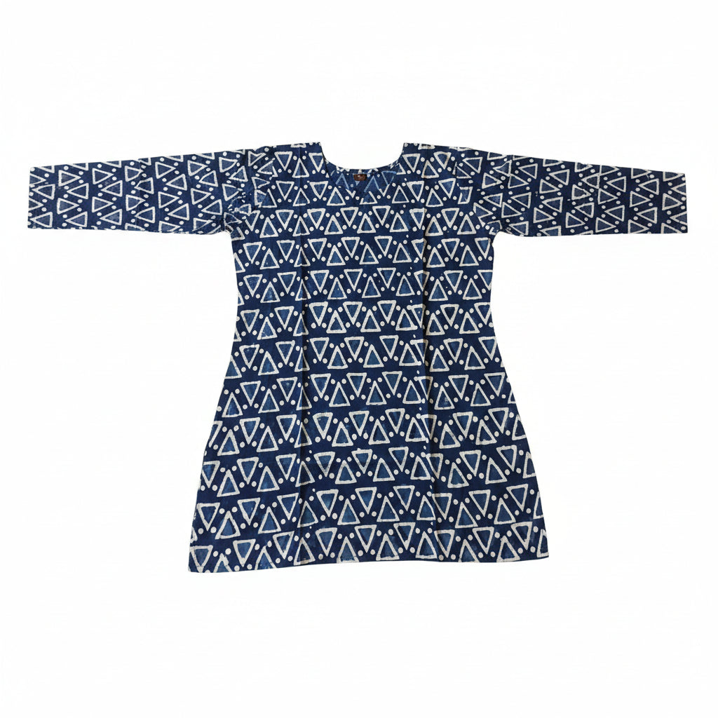 A long-sleeve tunic dress with a navy blue and white geometric triangle pattern.