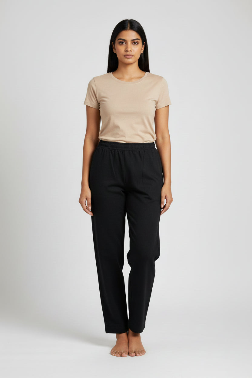 Black jogger-style pants with a white drawstring.