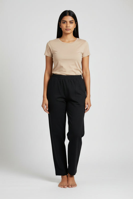 Black jogger-style pants with a white drawstring.