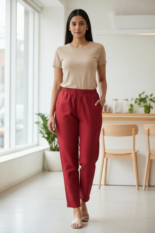 A pair of red cropped pants.