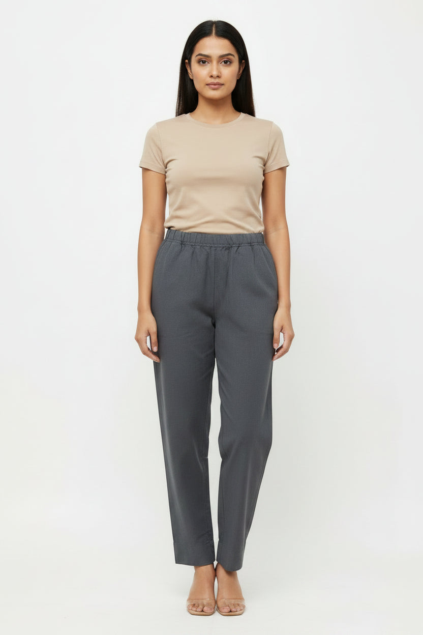 A pair of dark gray casual pants