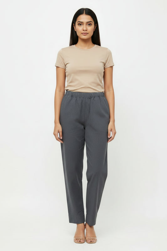 A pair of dark gray casual pants