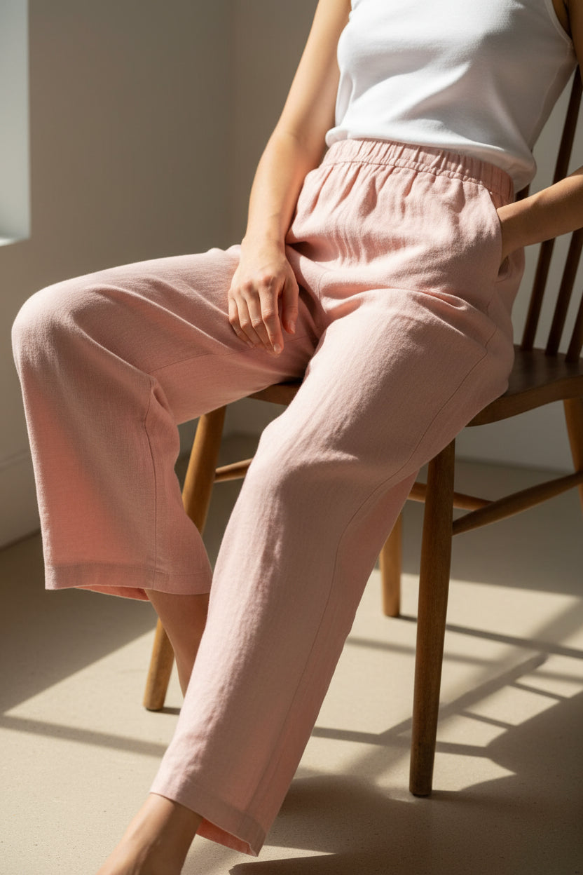 Light pink linen pants with an elastic waistband