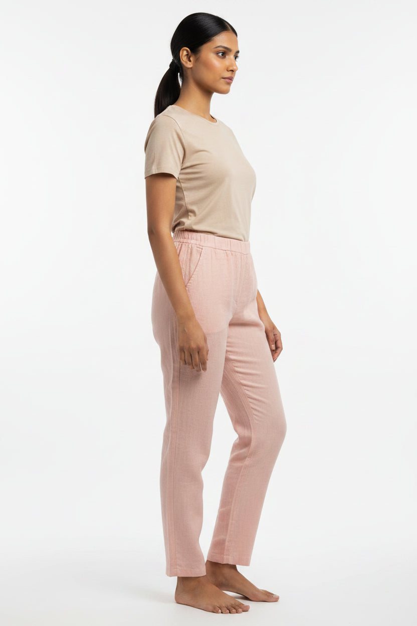 Light pink linen pants with an elastic waistband