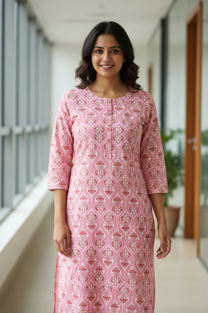 A pink long-sleeve kurti with an all-over brown and white ornamental pattern