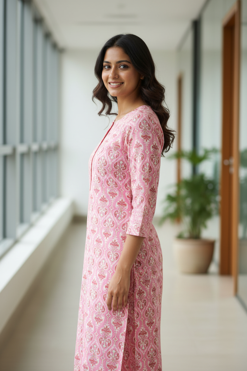 Pink long-sleeve Cotton Kurti