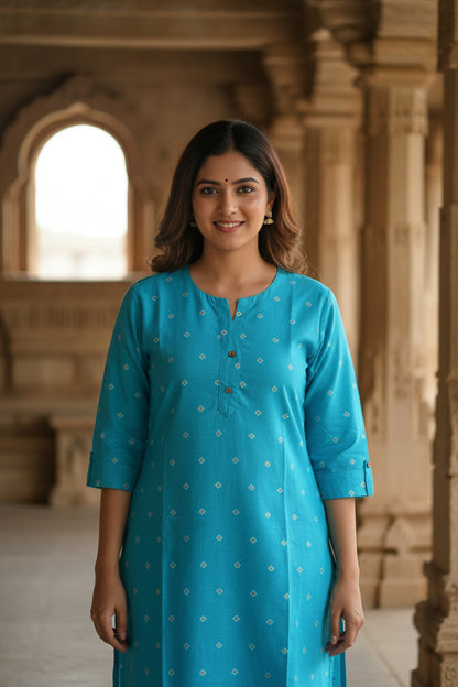 A turquoise blue cotton kurta with a white dotted pattern. The kurta features a buttoned neckline.