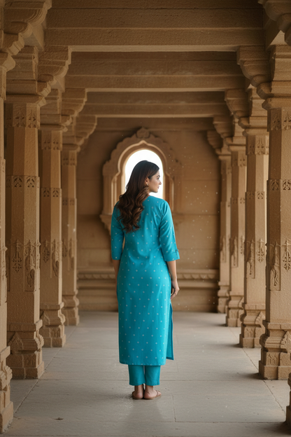 A woman in profile wearing a bright turquoise blue kurta with small white motifs, standing in a warm, sunlit stone corridor with arches and pillars.