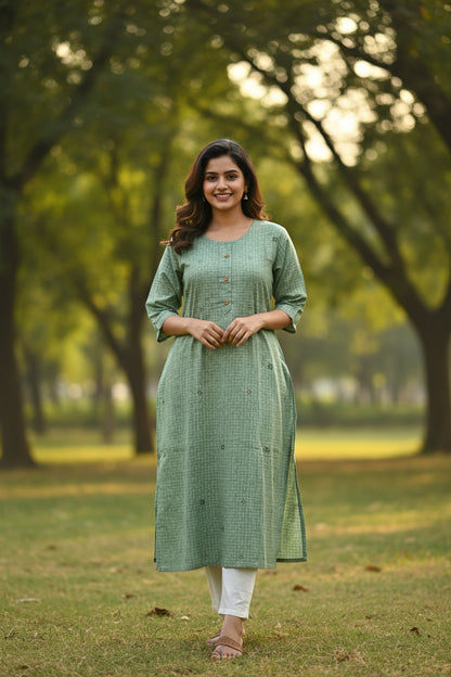 A sage green cotton kurta with a small geometric pattern. It features a round neckline and a buttoned front closure.