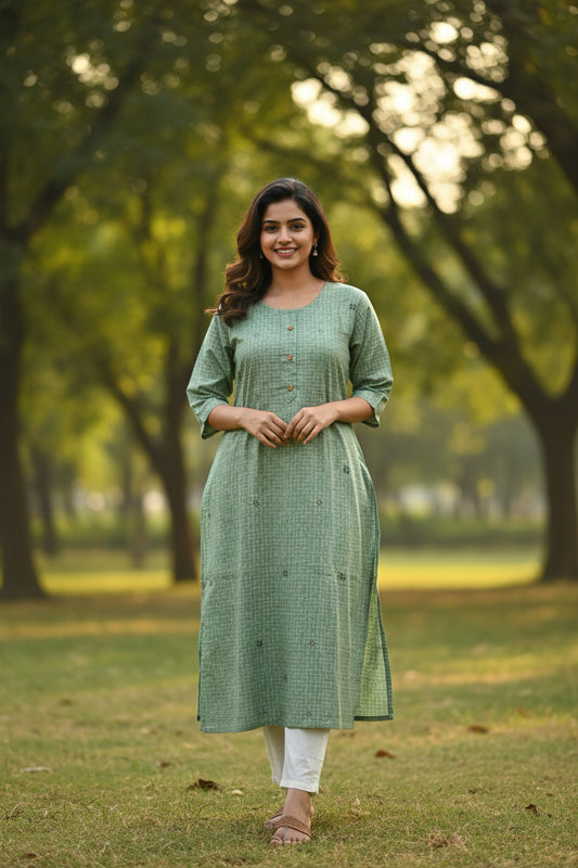 A sage green cotton kurta with a small geometric pattern. It features a round neckline and a buttoned front closure.