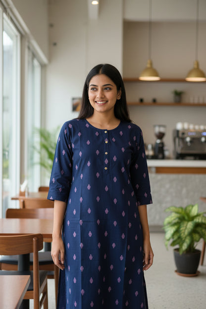 A navy blue long-sleeve tunic with a repeating light purple geometric pattern Kurta