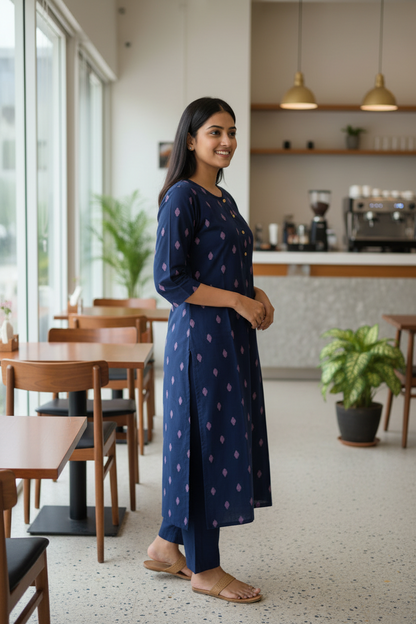 A woman wearing a navy blue kurta with small pink floral prints stands in a bright, modern cafe setting.