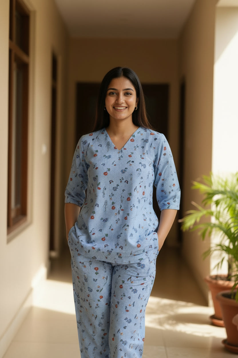 A light blue pajama set with a small red and blue floral print. The set includes a long-sleeve top with a collar and a matching pair of pants.