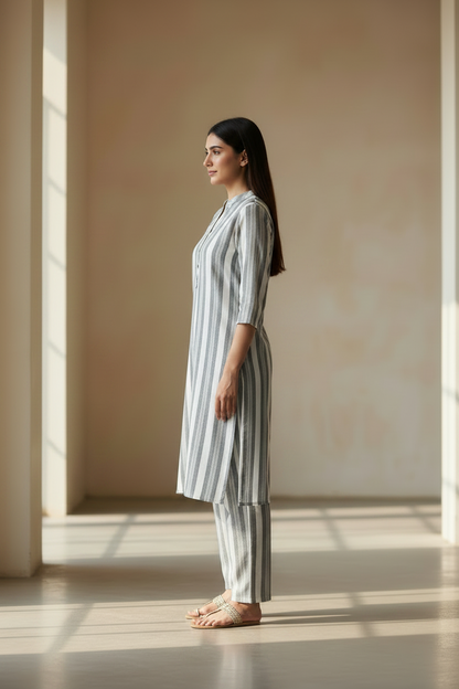 A woman wearing a matching long-sleeve kurta and trouser set with vertical gray and white stripes.