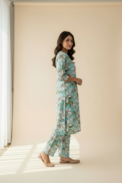 A woman wearing a light blue and white floral printed kurta set with matching pants.