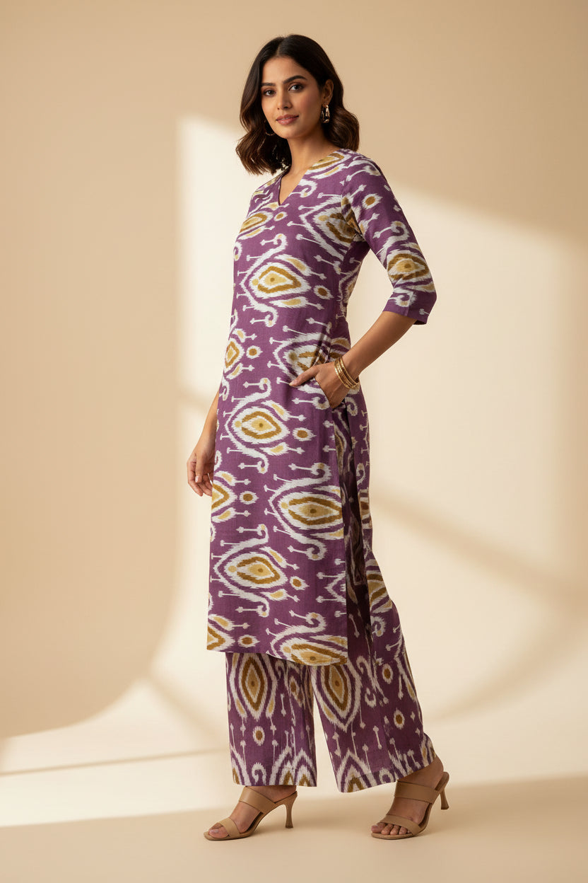 A purple cotton kurta with a white and mustard yellow ikat pattern.