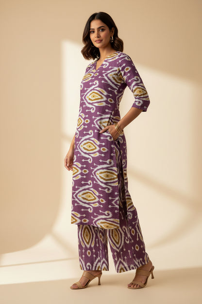 A purple cotton kurta with a white and mustard yellow ikat pattern.